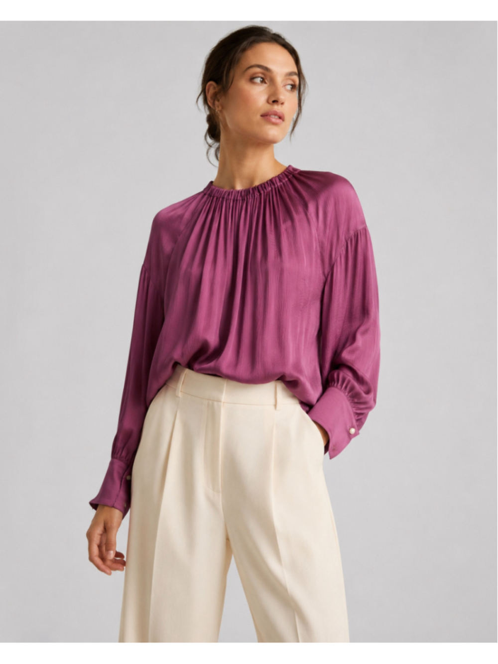 Vince Purple Silk Shirred Neck Blouse Button Cuffs Size M